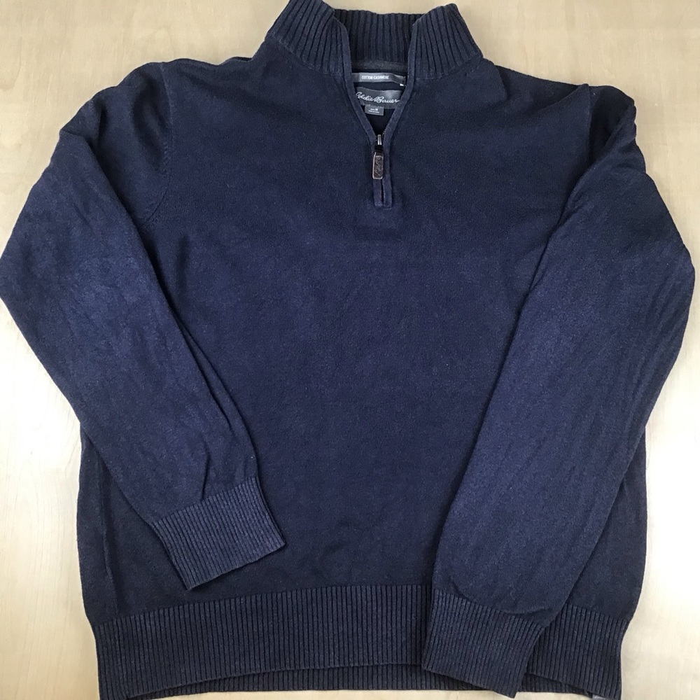 Eddie Bauer Mens Medium Cotton Cashmere Quarter Zip Sweater Blue